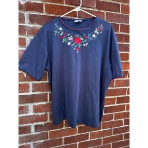 BonWorth Navy Embroidered Floral Butterfly Tee Shirt